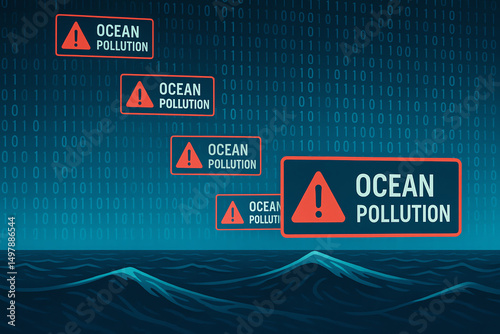 Obraz na płótnie Illustration depicting the alarming issue of ocean pollution, featuring warning signs against a backdrop of waves and digital patterns, highlighting the urgency of environmental pr w salonie