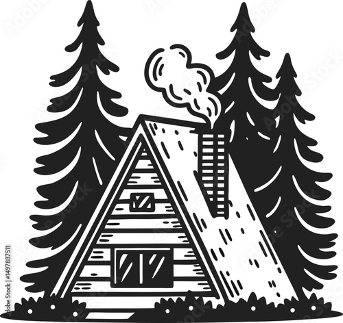 a frame cabin in pine forest rustic triangular house with chimney smoke, surrounded by tall trees cozy winter retreat illustration