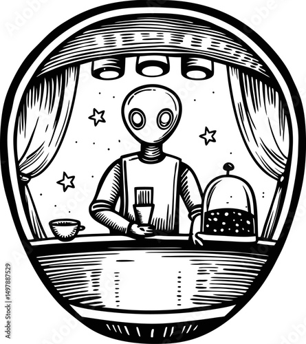 Futuristic bar scene with alien bartender in a cosmic setting surreal illustration of extraterrestrial hospitality