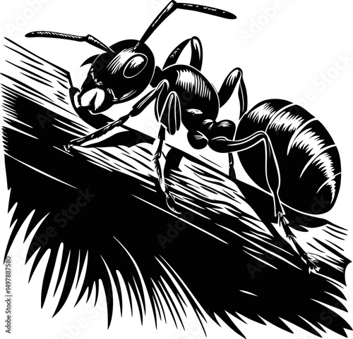 Detailed black ant illustration on tree branch in engraving