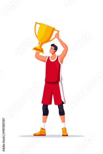 Vector Illustration of Basketball Player Cartoon Character Holding Golden Trophy Cup Above Head Celebrating Victory