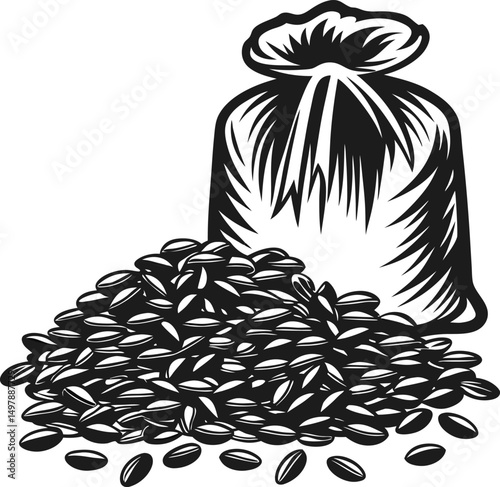 sack of rice with scattered grains, monochrome illustration traditional harvest, agricultural staple