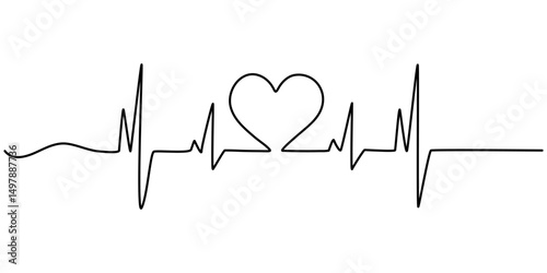 Continuous line drawing of heart with heartbeat. Pulse trace. Cardiogram icon. One line drawing. Single line art. Vector illustration, Heartbeat Continuous Line Icon.                                  