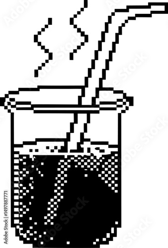 pixel art steaming coffee cup with straw retro black and white design, digital pixel illustration
