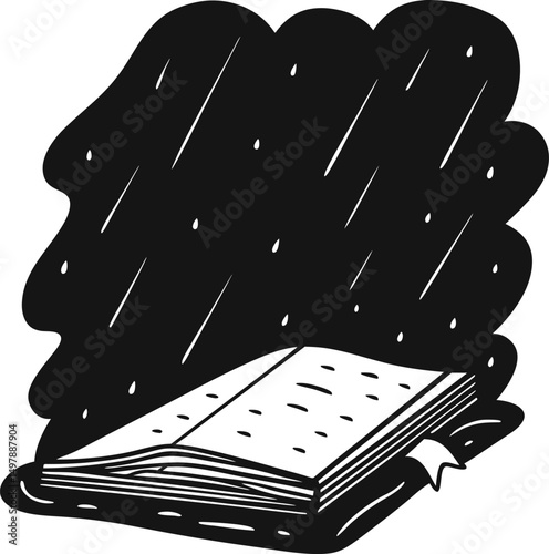 open book beneath dark rain clouds literature and imagination under stormy weather, inspiration in adversity