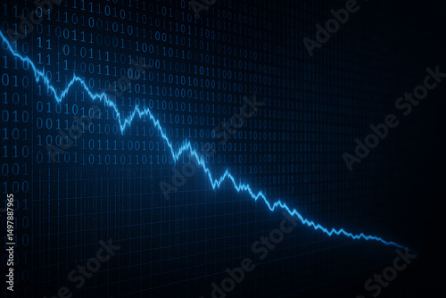Obraz na płótnie A visual representation of a downward trend depicted through a blue line graph on a digital screen, symbolizing data decline, losses, and market fluctuations. w salonie