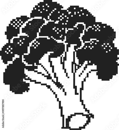 Pixel art broccoli illustration in black and white with retro design elements