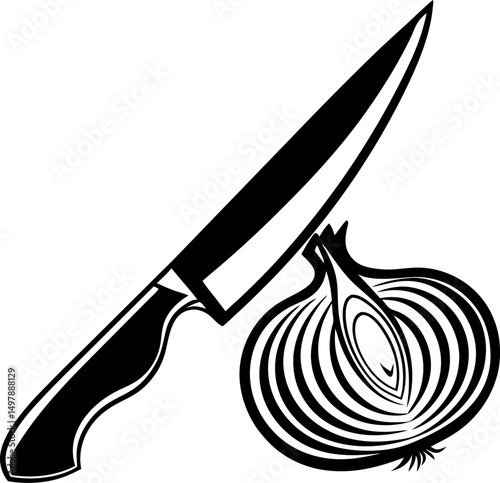 knife with sliced onion illustration black and white kitchen tool, cooking ingredient, culinary design concept