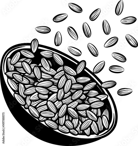 Illustrated bowl with scattered rice grains symbolizing abundance and harvest