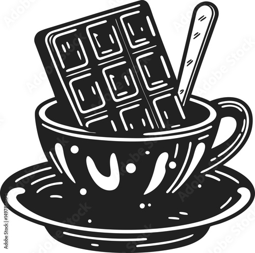 hot chocolate cup with chocolate bar and spoon retro black and white illustration