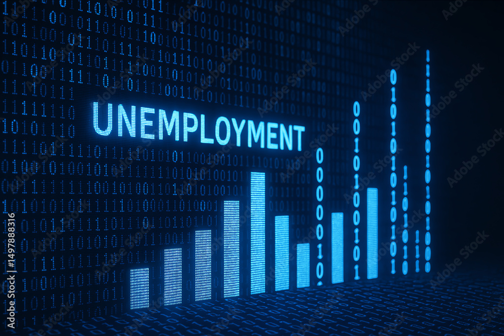 A visual representation of unemployment trends displayed as a bar chart against a backdrop of binary code, symbolizing the impact of technology on job markets and economic shifts.