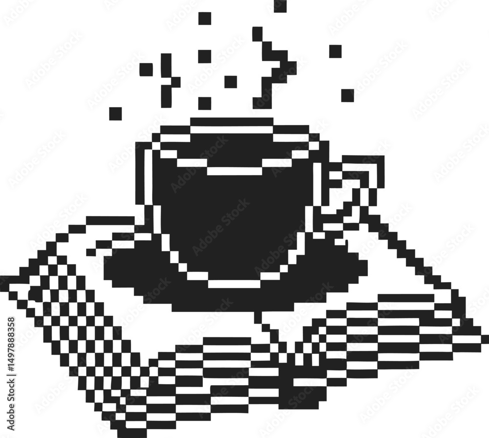 Fototapeta premium pixel art coffee cup with steam on open book retro digital art, steaming beverage, monochrome