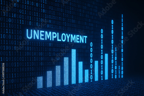 Obraz na płótnie A visual representation of unemployment trends displayed as a bar chart against a backdrop of binary code, symbolizing the impact of technology on job markets and economic shifts. w salonie