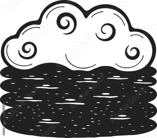 illustration of a fluffy cloud hovering over serene waters monochrome sketch with swirling patterns and reflective surface