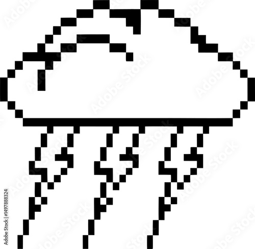 pixelated storm cloud with lightning digital art style, monochrome weather icon