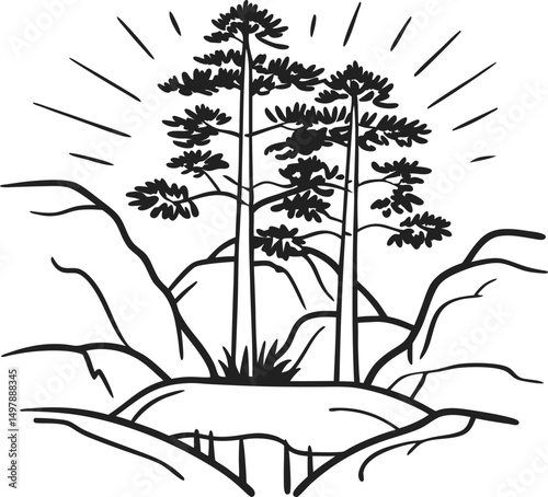 Stylized trees with sun rays in mountainous landscape illustration