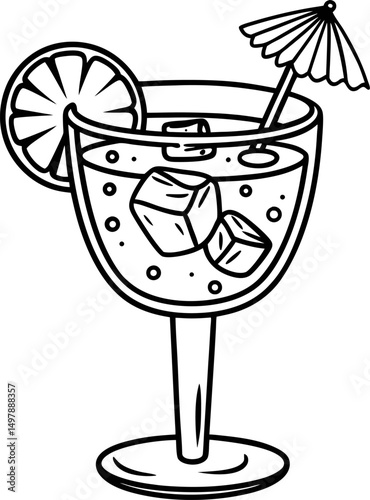 Cocktail glass with ice, lemon slice, and umbrella for summer refreshment and leisure
