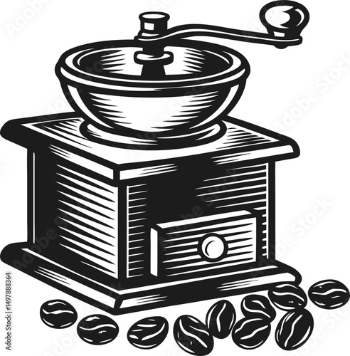 Vintage coffee grinder and beans retro manual mill, classic kitchen tool with roasted coffee seeds