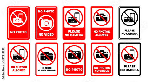 Isolated Red No Photos, No Camera Sign Design, No Photography symbol, Prohibited pictogram for Communication on Transparent Background, Editable