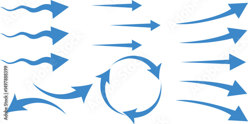 Collection of wind air flow Elements, Flowing arrow air flow direction, wind air flow elements, blue flowing arrow, vector illustration.