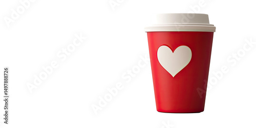 Love-themed red coffee cup with white heart symbol for romantic beverages isolated on white transparent background