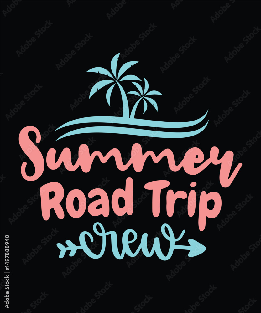 Fototapeta premium Summer road trip crew. A vintage summer holiday t-shirt design illustration featuring ice cream, coconut drinks, and a star.