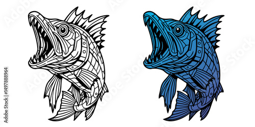 Two different colored fish, one blue and one white. The blue fish has a mouth open, while the white fish has a mouth closed. The blue fish is larger and has a more aggressive appearance