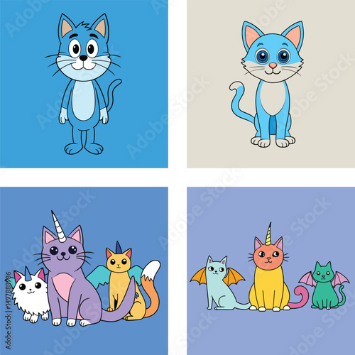Cartoon Cats Vector Set With Unicorns And Dragons,Different Colors