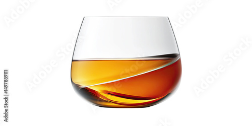 Elegant curved whiskey glass half-filled with amber spirit isolated on white transparent background