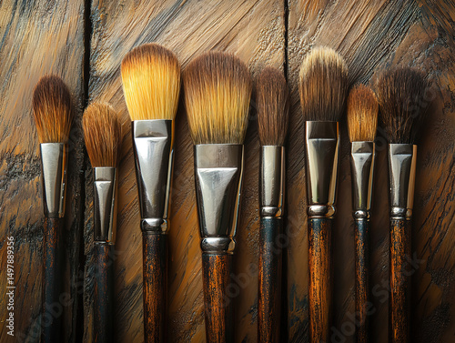 Artistic Brushes Lined Up on Wooden Background for Creative Work