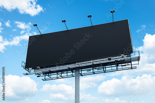 Empty billboard structure with lights against blue sky and scattered white clouds, creative concept for outdoor advertising or promotional background. Ai generative