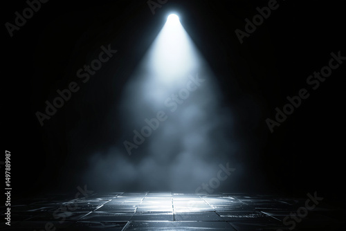 Spotlight beam casts light on glossy tile floor with smoke in the air, dramatic lighting background, stage or show concept. Ai generative photo