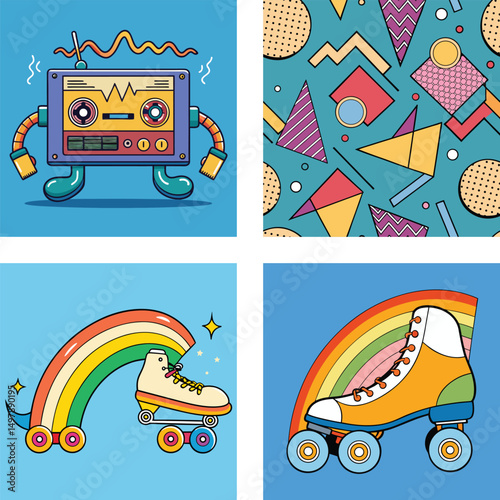 Retro 90S Nostalgia Featuring Cartoon Robot Geometric Patterns And Rainbow Roller Skates