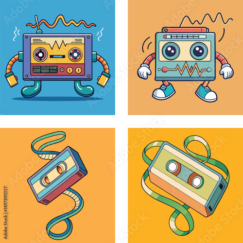 Retro Cartoon Characters And Cassette Tape Set With Vibrant Colors