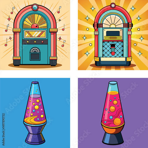 Retro Nostalgia Jukeboxes And Lava Lamps For Vintage Decorating Illustrations