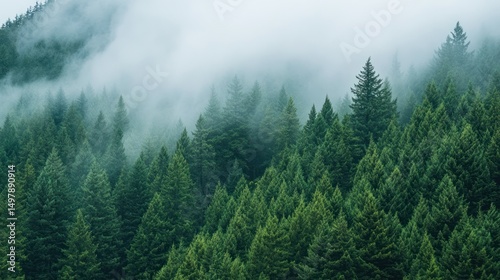 A dense evergreen forest shrouded in mist, creating a peaceful atmosphere.