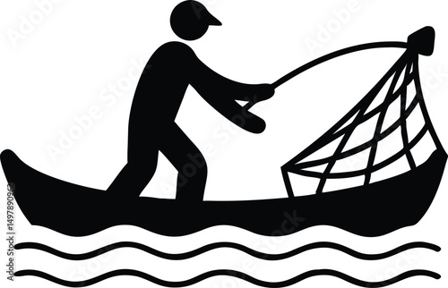 Fisherman in Boat Silhouette – Fishing with Net on Water Waves Illustration