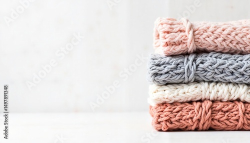 Cozy knitted socks folded neatly on flat white background, warmth concept