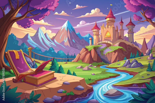 Fantasy Castle Landscape with Open Treasure Chest