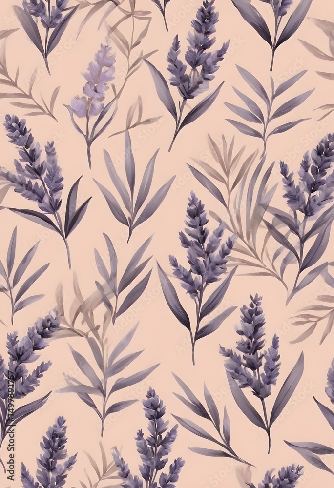 Fototapeta premium Seamless botanical pattern with lavender and banana leaves on peach background. Ideal for textile design, gift wrapping paper