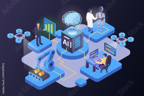 Isometric illustration of artificial intelligence in action: a central AI processor connects scientists, robots, programmers, drones, analytics, and automation in a futuristic network.