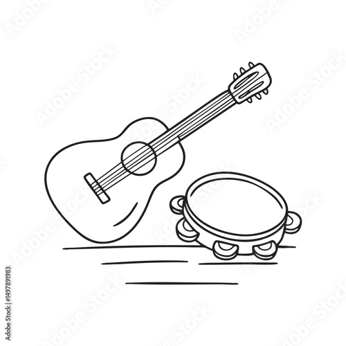 A tambourine lying beside a guitar on the floor