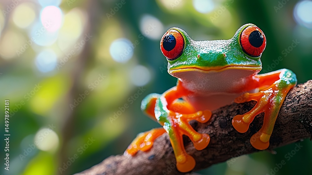 Fototapeta premium Red Eyed Tree Frog Sitting on Branch