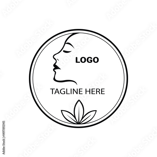 Minimalist feminine face logo with leaves, ideal for beauty, skincare, wellness, spa, or natural cosmetic brand identity.