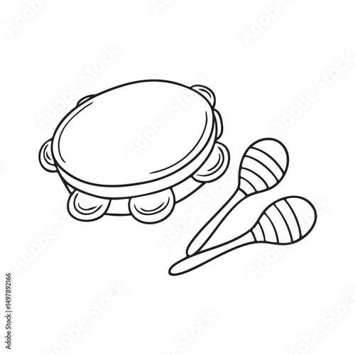 A tambourine lying beside a pair of maracas