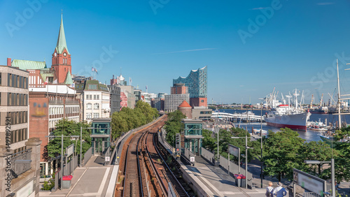 Aerial hyperlapse of trains arriving at Landungsbrucken station in Hamburg, Germany