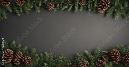 Lush fir branches & pine cones border, rustic winter feel  ,  winter,  christmas design