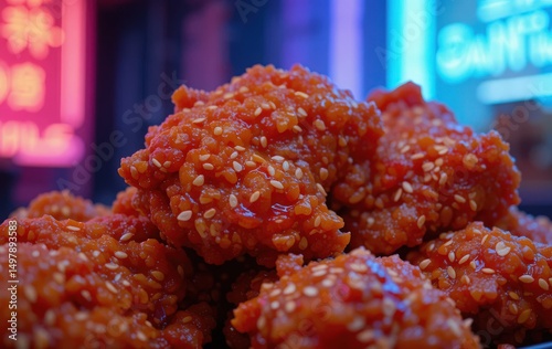 Crispy Korean fried chicken (yangnyeom) glazed in spicy-sweet sauce, close-up with sesame seeds, vibrant neon backdrop- trendy street food style
