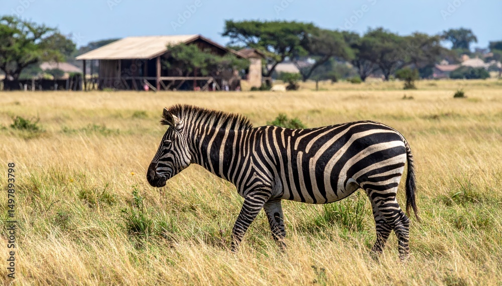 Fototapeta premium Zebra Grazing in Font of Farmhouse in Samburu Region