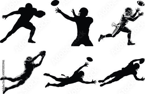 American Football Player Silhouette Clipart SVG Bundle - Vector Illustration. Quarterback Throwing, Running Back in Motion, Football Team, Football Action, High School Football, Football Helmet.